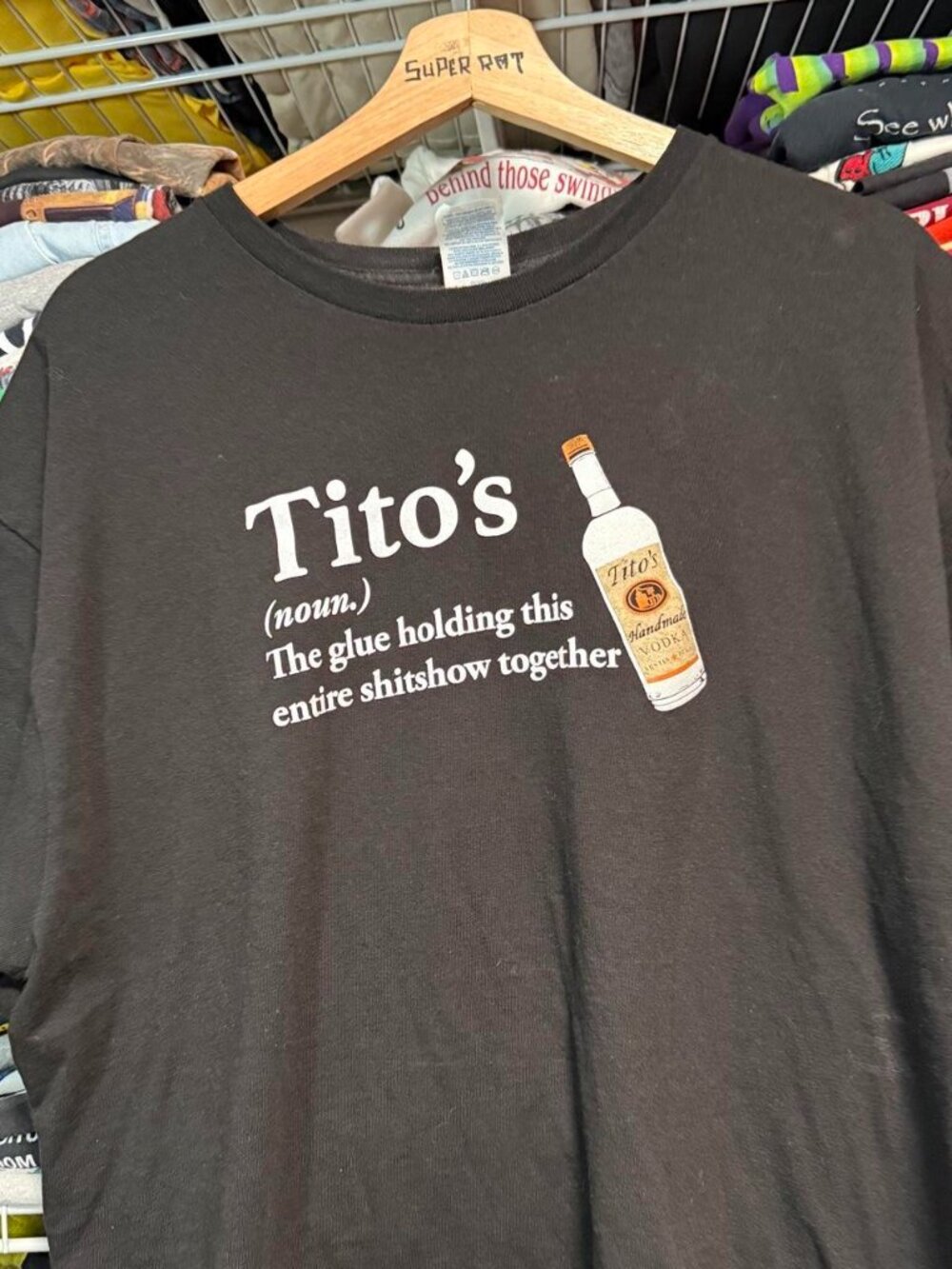 Y2K Tito's Vodka Funny Graphic T-Shirt with bottle graphic black